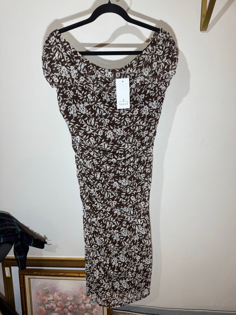 NWT Ember Peasant Top Off Shoulder Ruched Bodycon Midi Dress